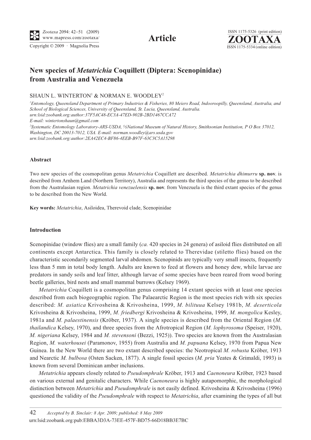 Zootaxa, New Species of Metatrichia Coquillett (Diptera