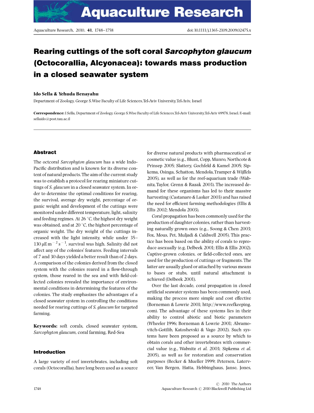 Rearing Cuttings of the Soft Coral Sarcophyton Glaucum (Octocorallia, Alcyonacea): Towards Mass Production in a Closed Seawater System