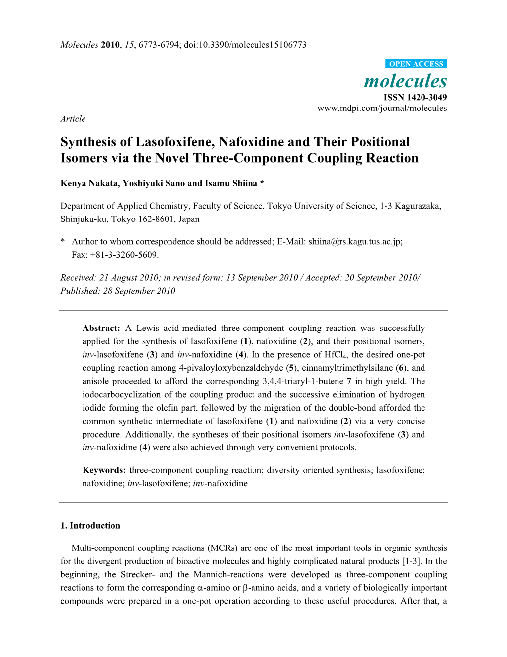 Synthesis of Lasofoxifene, Nafoxidine and Their Positional Isomers Via the Novel Three-Component Coupling Reaction