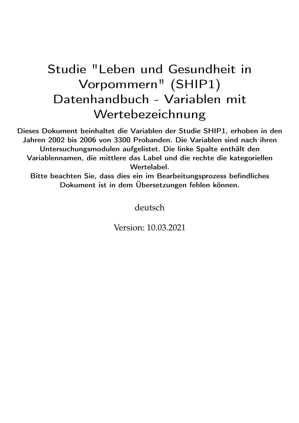 Studie "Leben Und Gesundheit in Vorpommern" (SHIP1