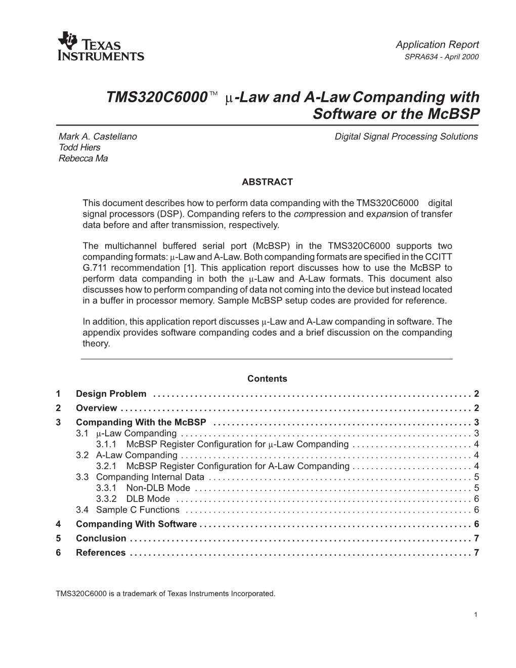 TMS320C6000 U-Law and A-Law Companding with Software Or The