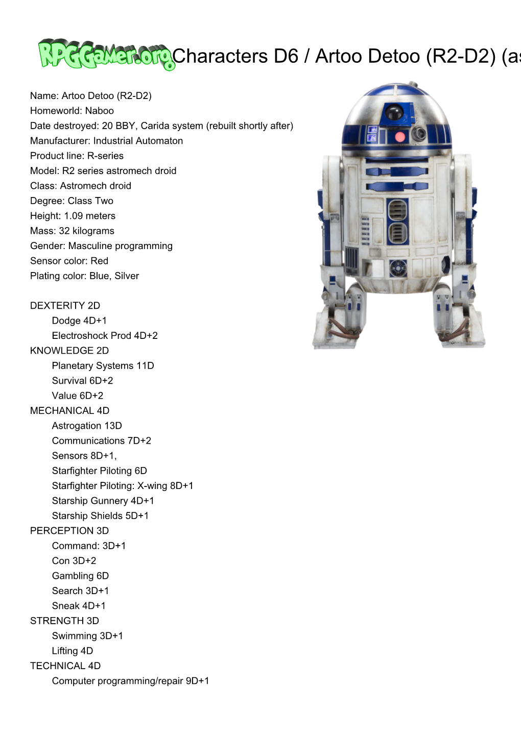 Rpggamer.Org (Characters D6 / Artoo Detoo (R2-D2) (As of Rise Of