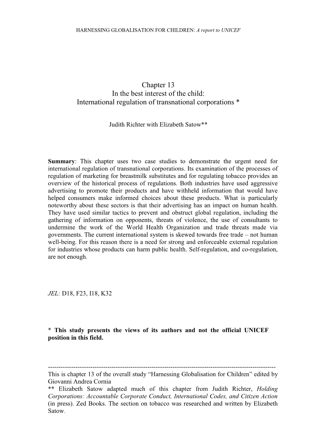 Chapter 13 in the Best Interest of the Child: International Regulation of Transnational Corporations *