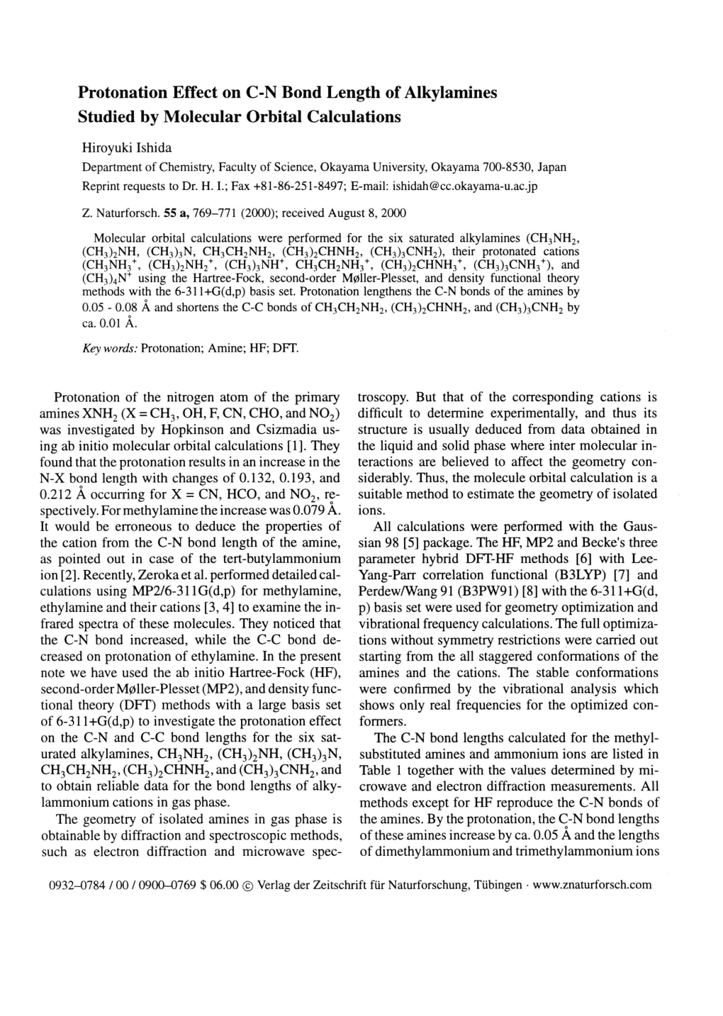 Protonation Effect on C-N Bond Length of Alkylamines Studied by Molecular Orbital Calculations