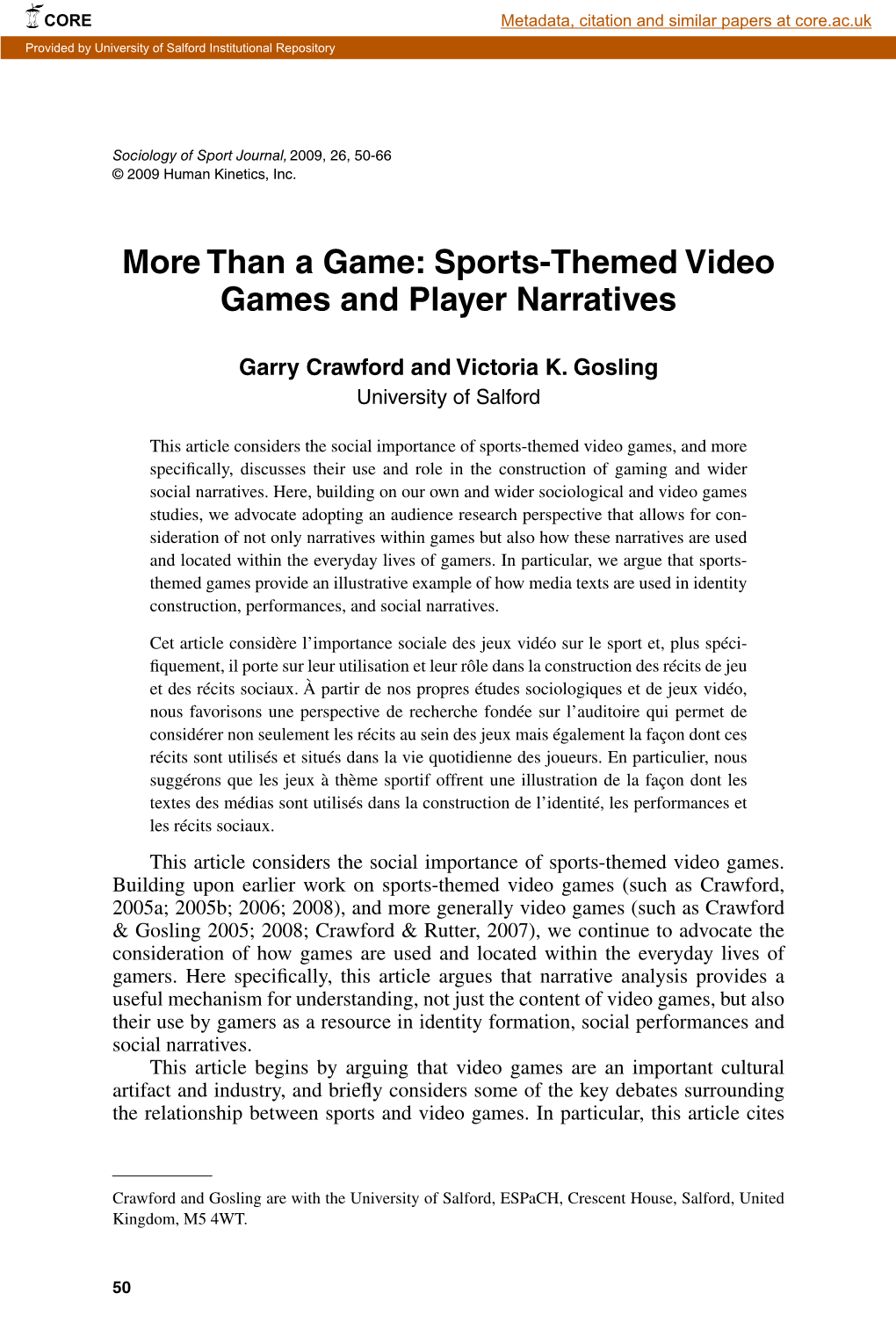 Than a Game: Sports-Themed Video Games and Player Narratives