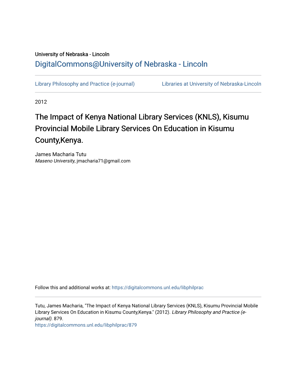 The Impact of Kenya National Library Services (KNLS), Kisumu Provincial Mobile Library Services on Education in Kisumu County,Kenya