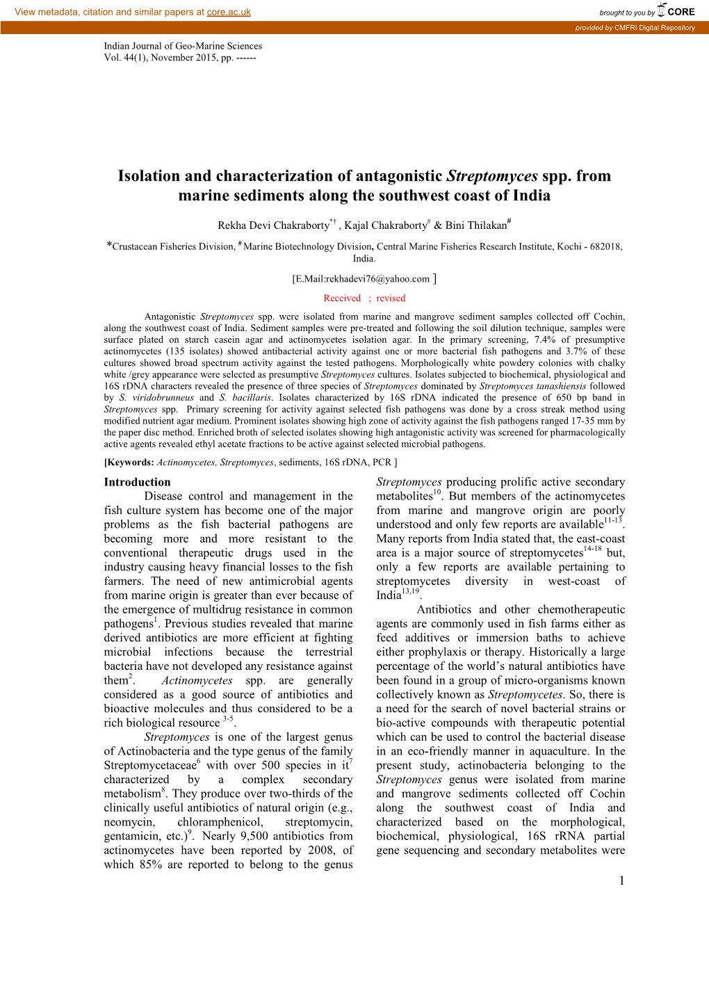 Isolation and Characterization of Antagonistic Streptomyces Spp