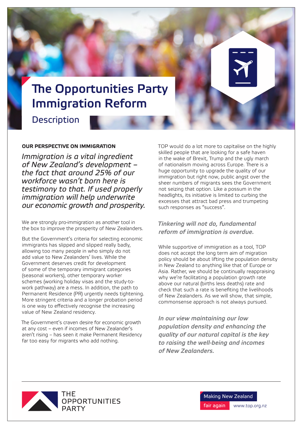 The Opportunities Party Immigration Reform Description