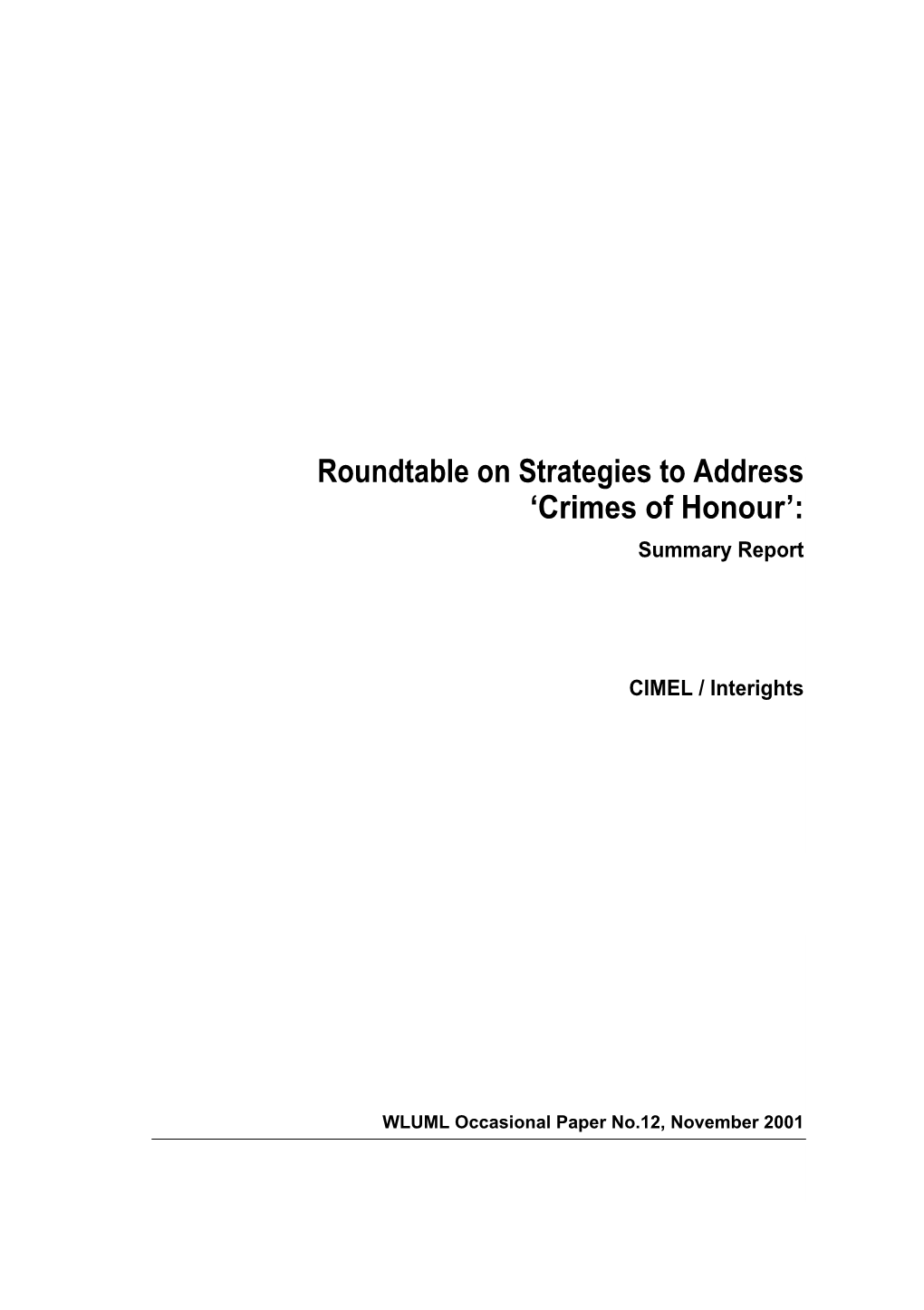 Crimes of Honour’: Summary Report