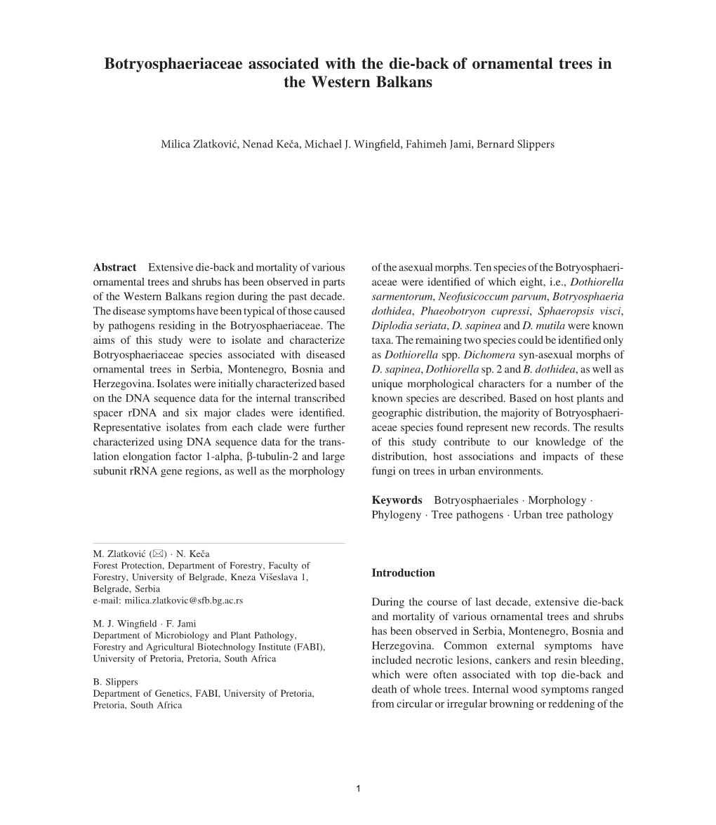 Botryosphaeriaceae Associated with the Die-Back of Ornamental Trees in the Western Balkans