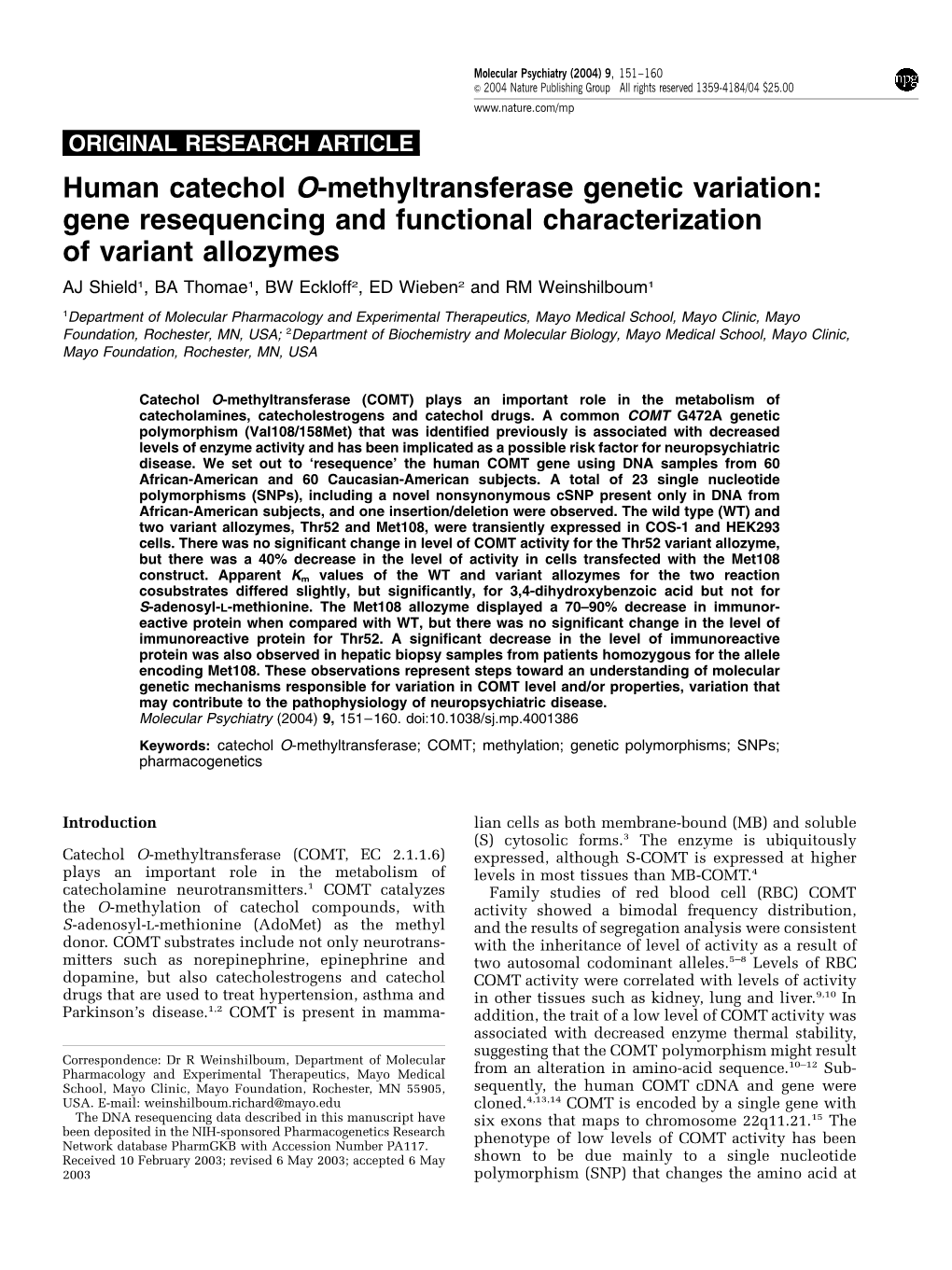 Human Catechol O-Methyltransferase Genetic Variation