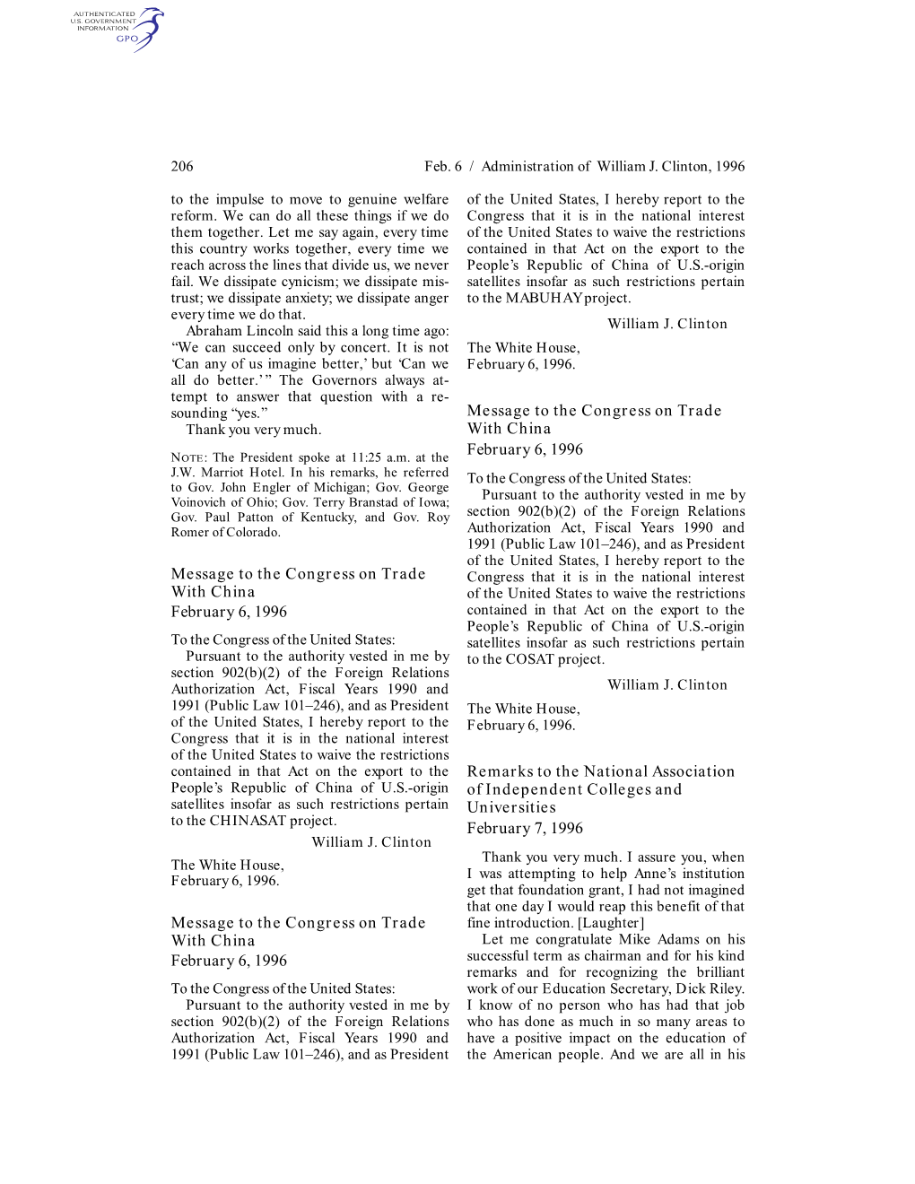 Message to the Congress on Trade with China February 6, 1996 Message to the Congress on Trade with China February 6, 1996 Messag