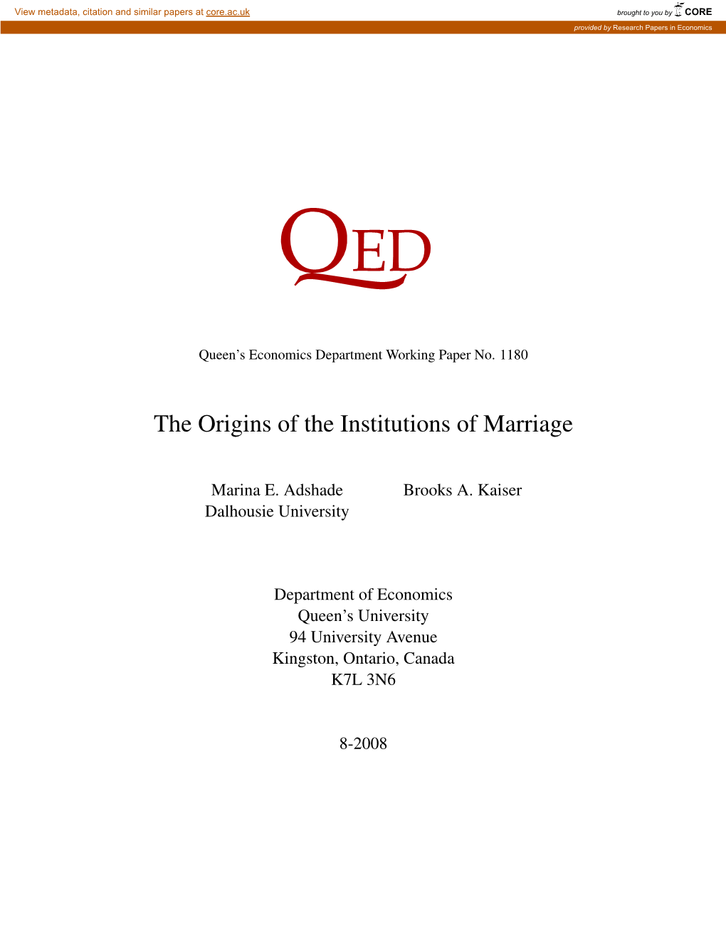 The Origins of the Institutions of Marriage