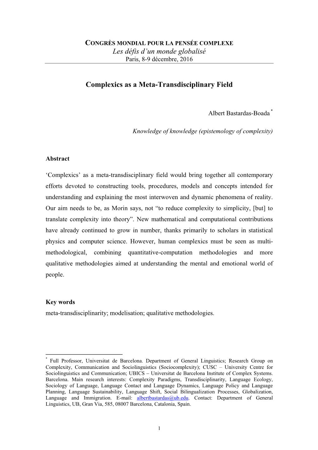 Les Défis D'un Monde Globalisé Complexics As a Meta