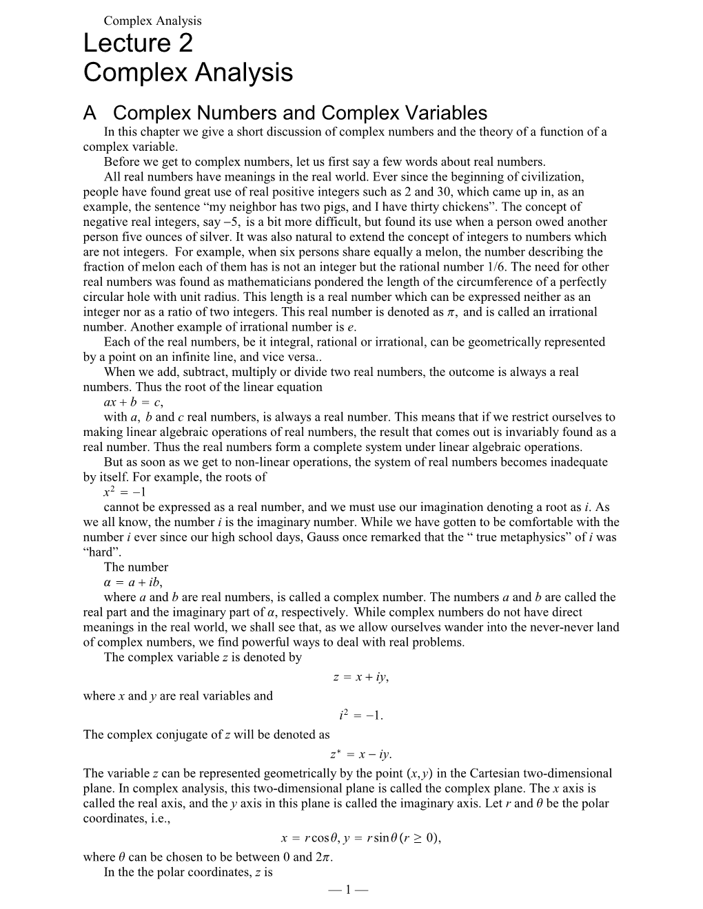 Lecture 2 Complex Analysis