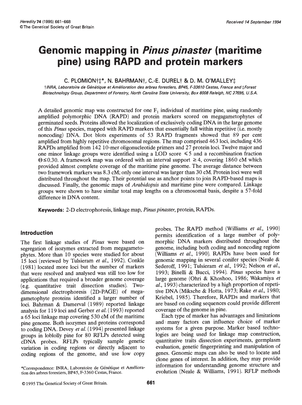 Genomic Mapping in Pinus Pinaster (Maritime Pine) Using RAPD and Protein Markers