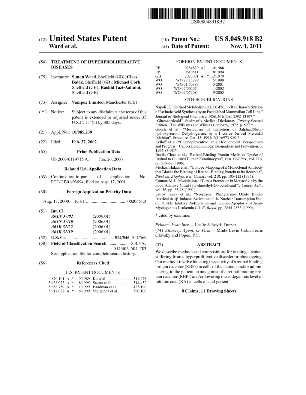 (12) United States Patent (10) Patent No.: US 8,048,918 B2 Ward Et Al