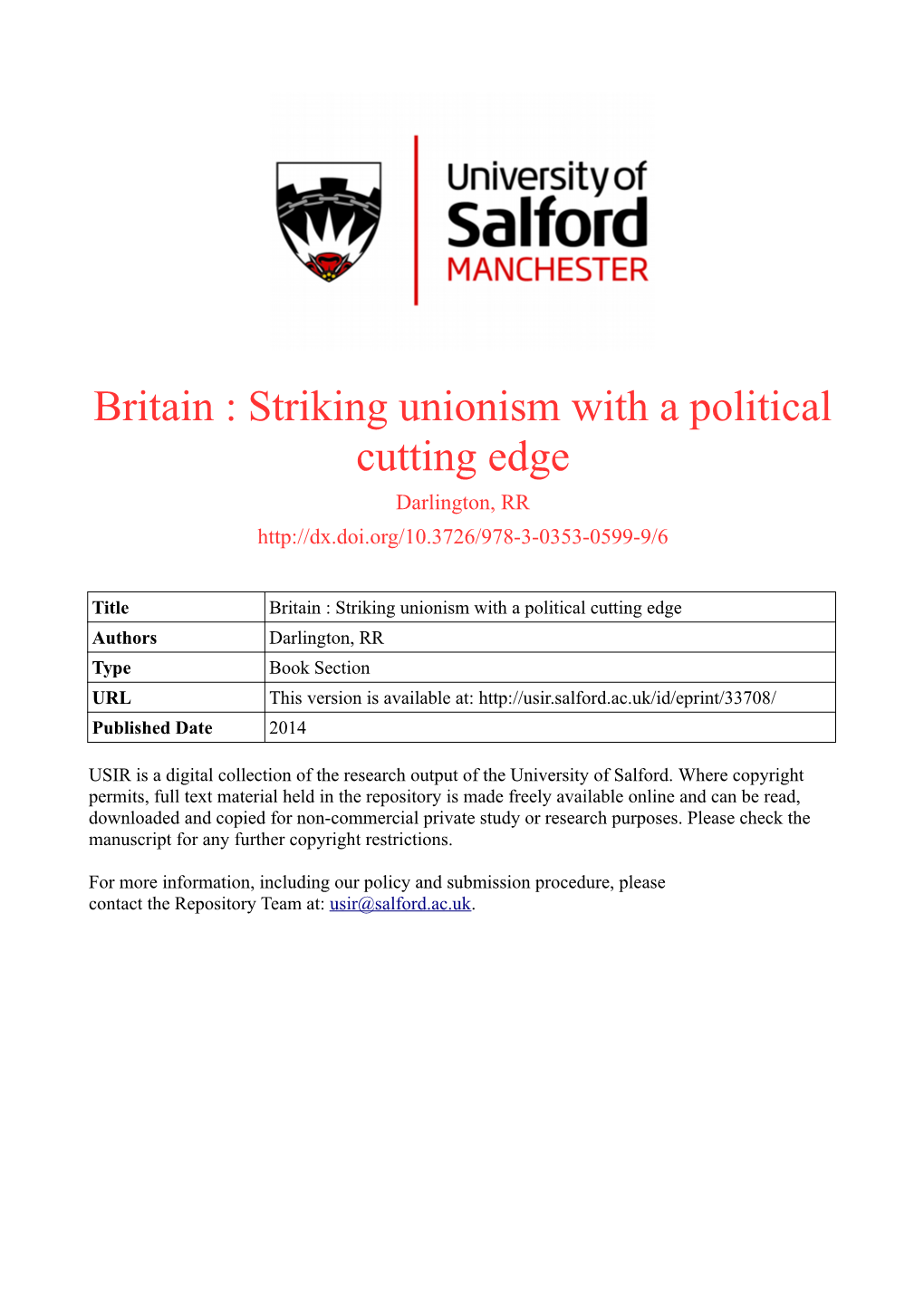 Striking Unionism with a Political Cutting Edge Darlington, RR