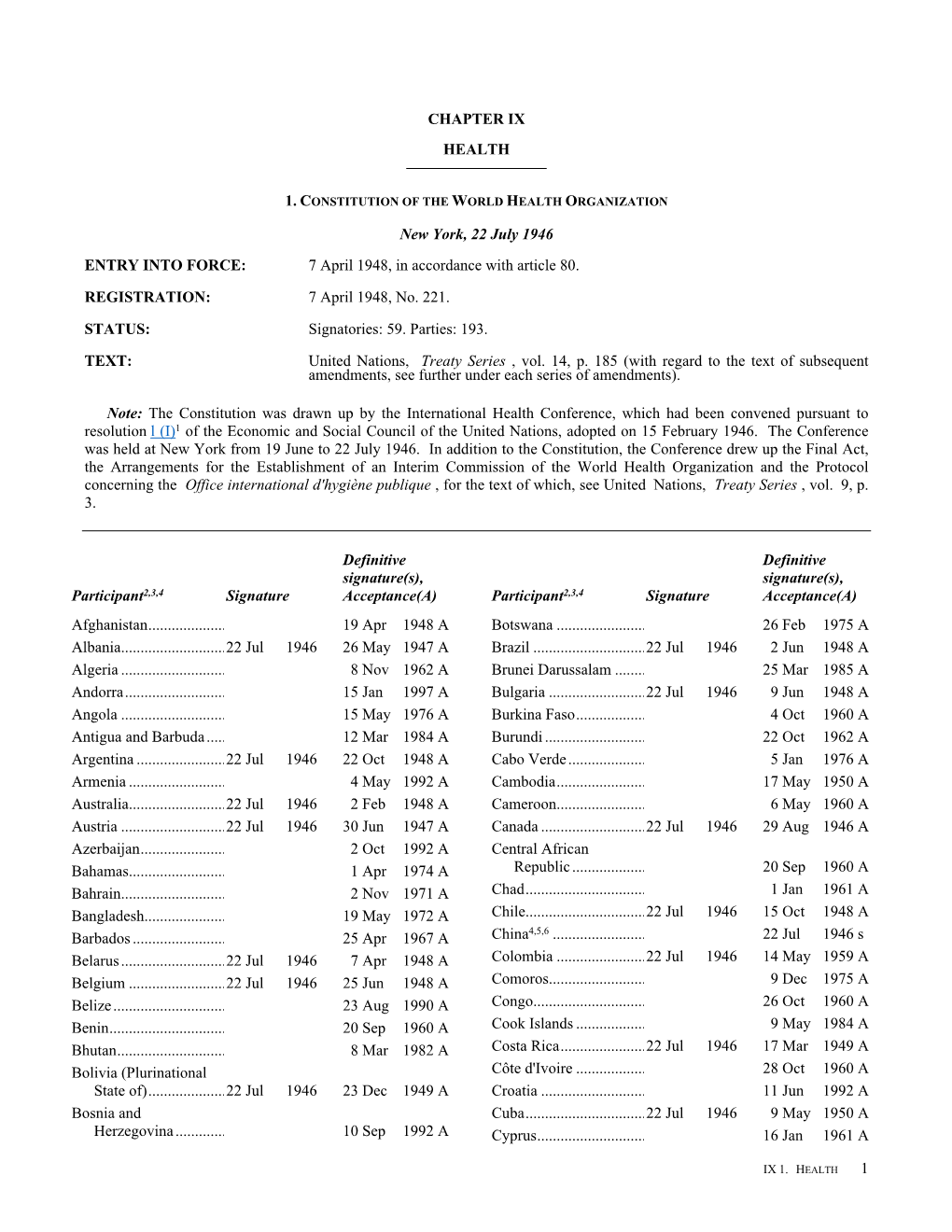 CHAPTER IX HEALTH New York, 22 July 1946 .ENTRY INTO FORCE: 7 April 1948, in Accordance with Article 80. REGISTRATION