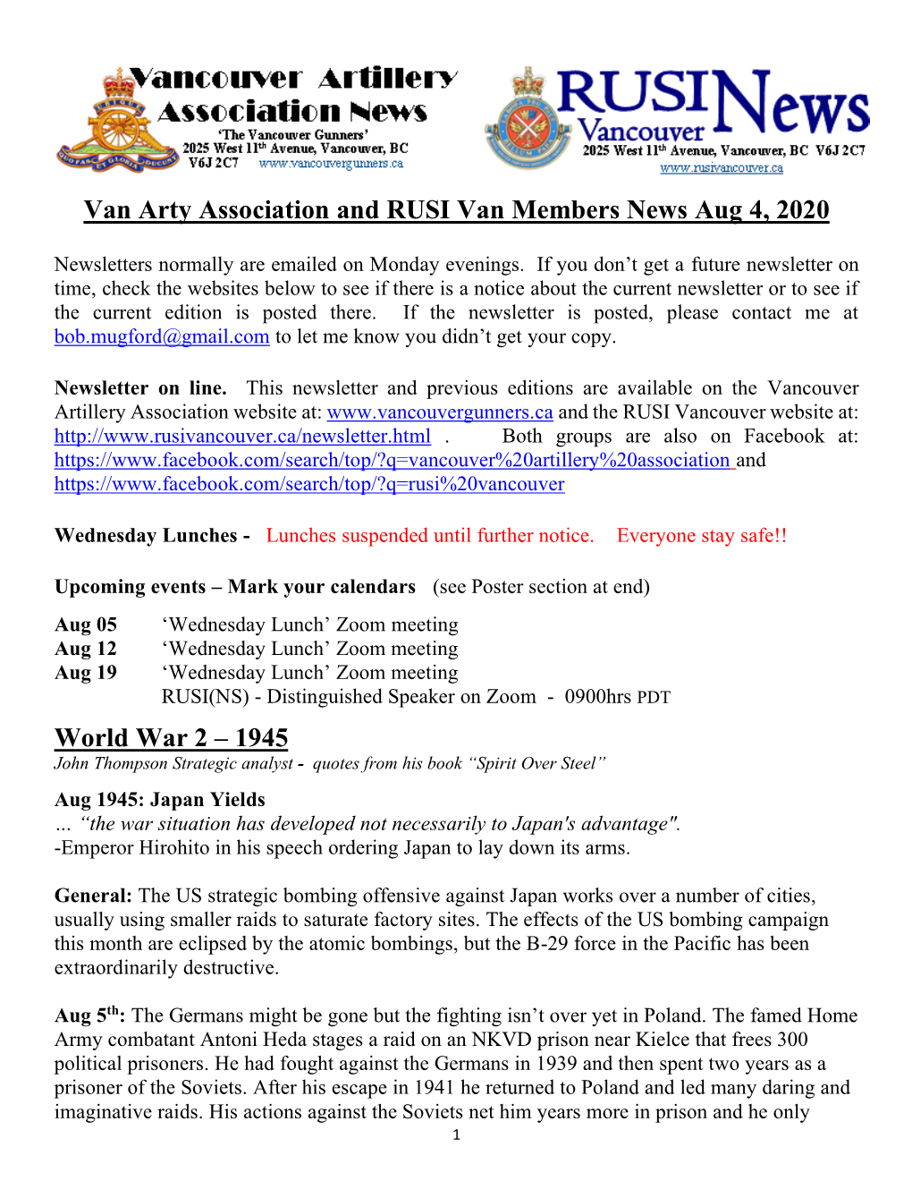 Van Arty Association and RUSI Van Members News Aug 4, 2020