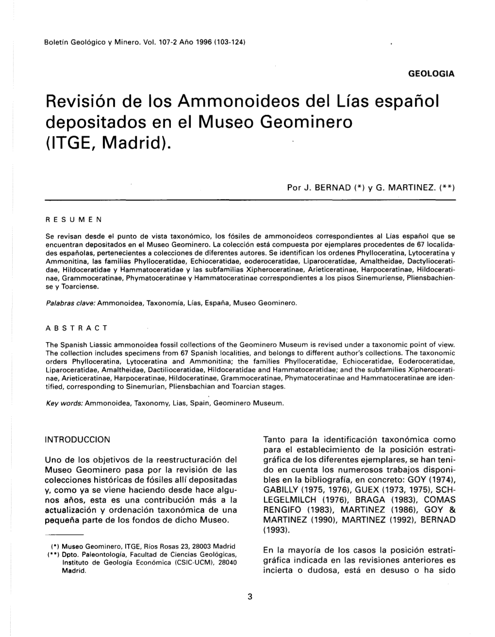 Revisión De Los Ammonoideos Del Lías Español Depositados En El Museo Geominero (ITGE, Madrid)