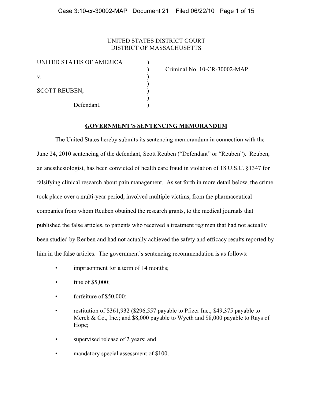 N:\Jsternberg\Reuben\Sentencing Memo.Wpd