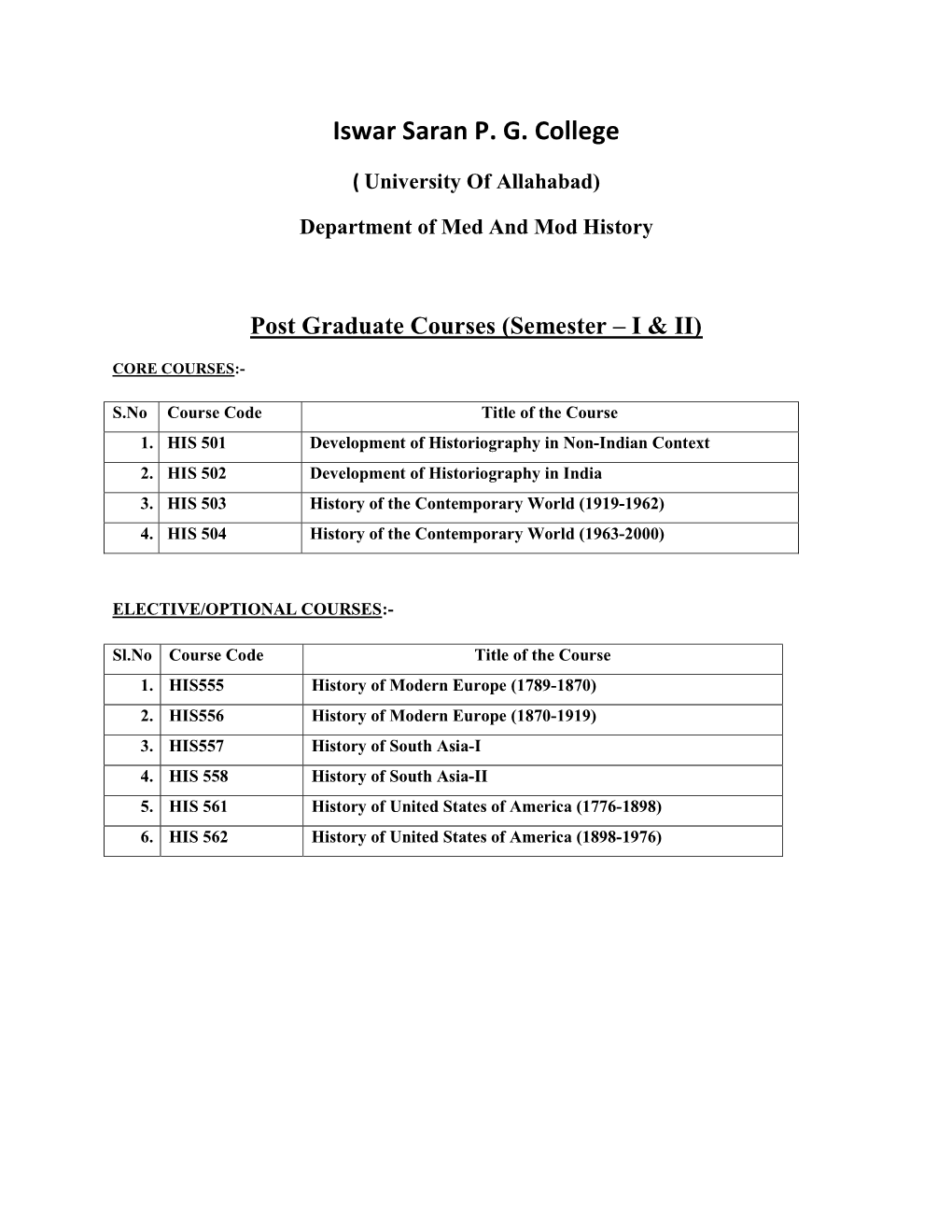 Post Graduate Courses (Semester – I &