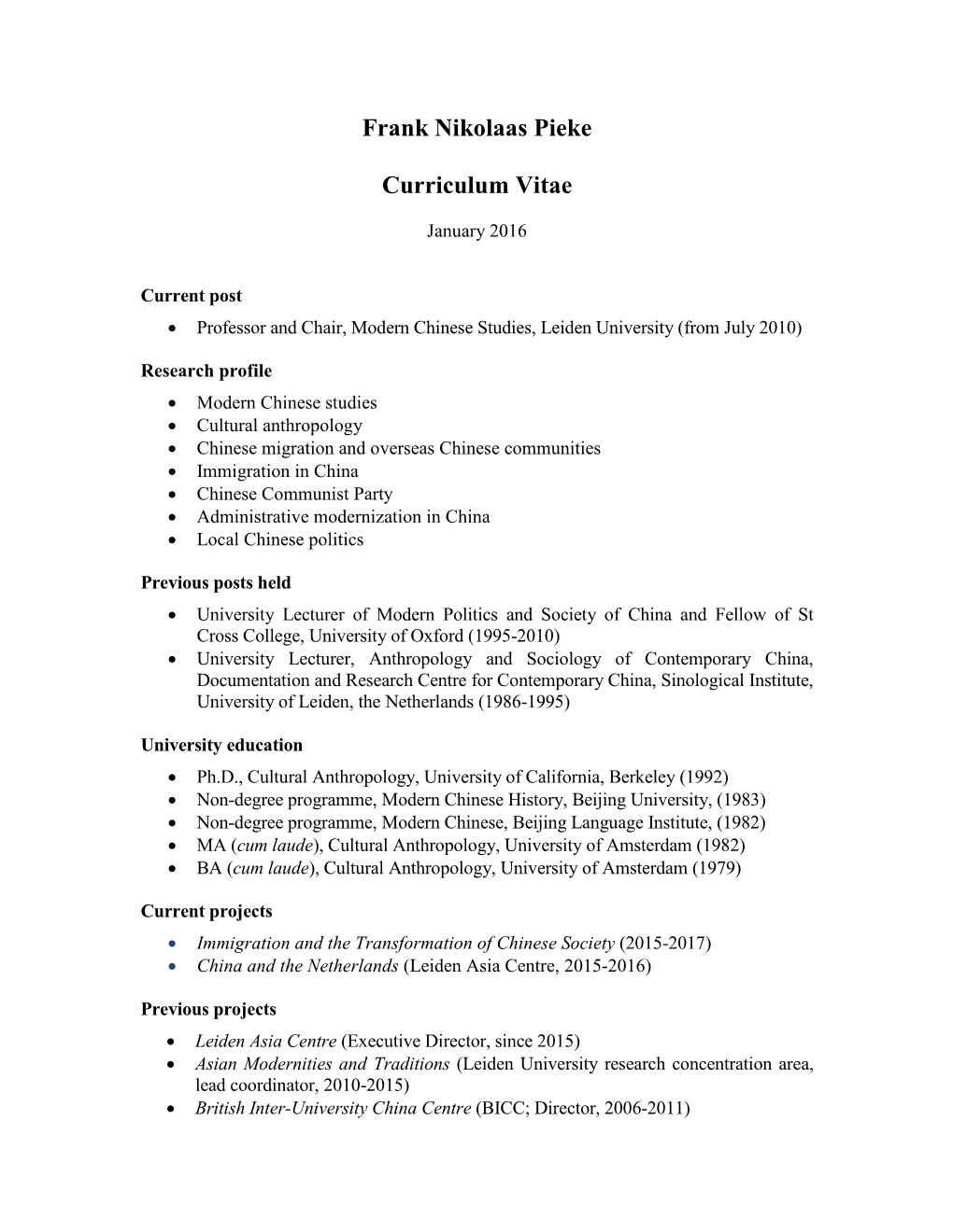 Frank Nikolaas Pieke Curriculum Vitae