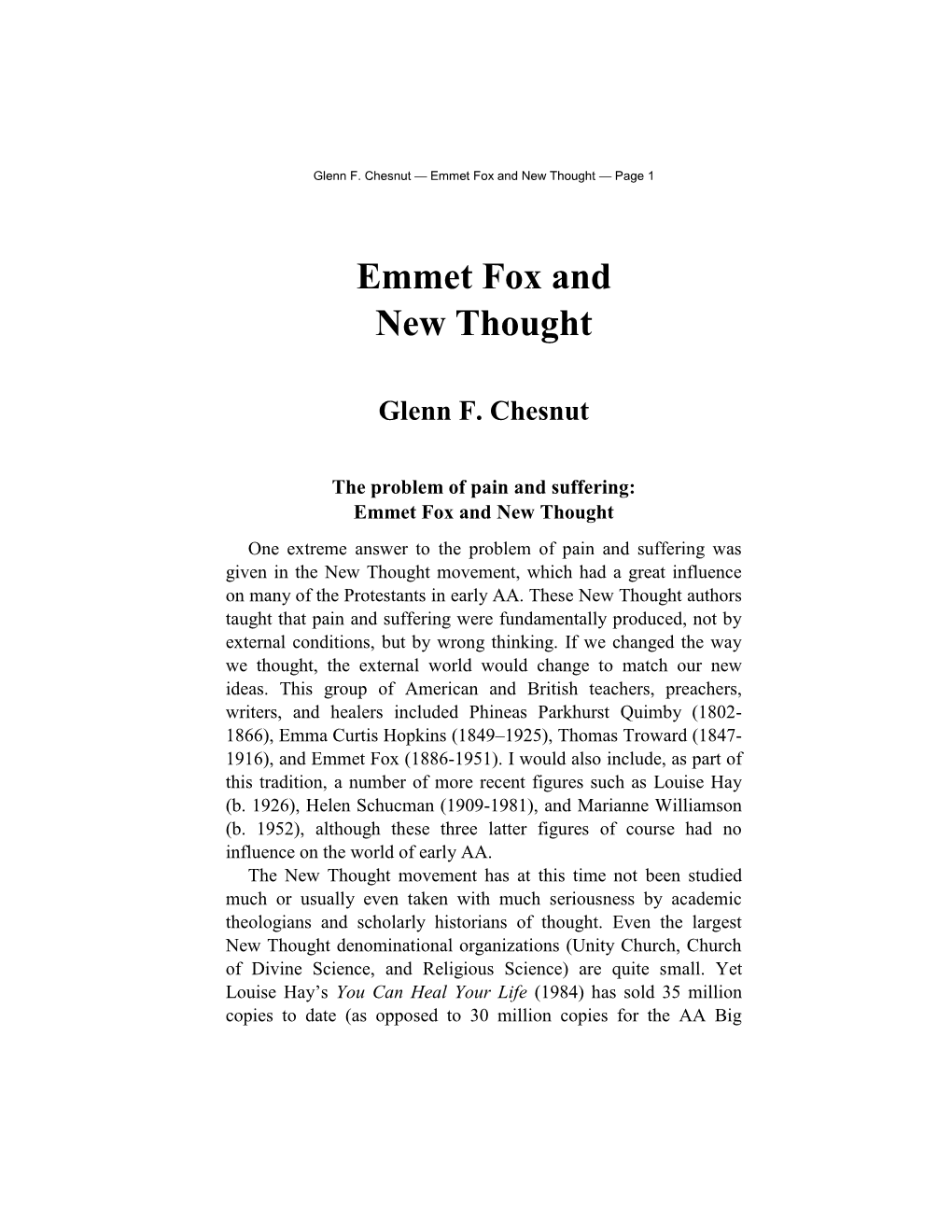 Emmet Fox and New Thought — Page 1