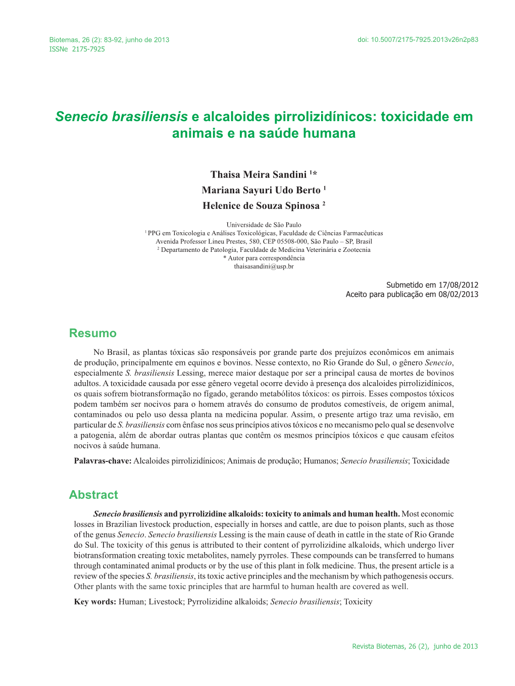 Senecio Brasiliensis E Alcaloides Pirrolizidínicos: Toxicidade Em Animais E Na Saúde Humana