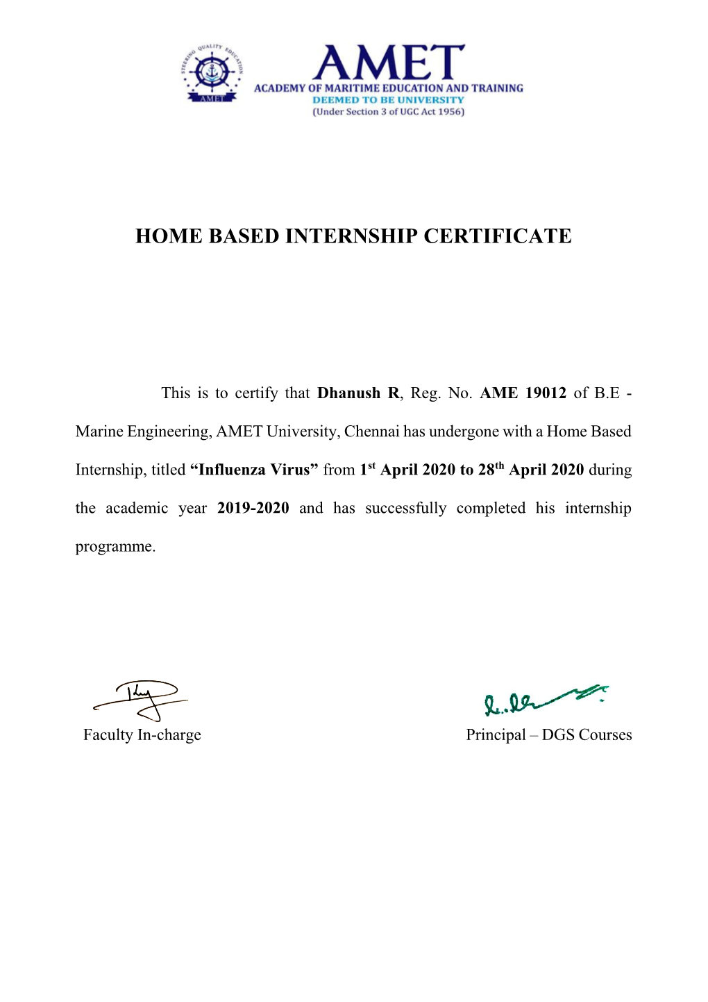 Home Based Internship Certificate