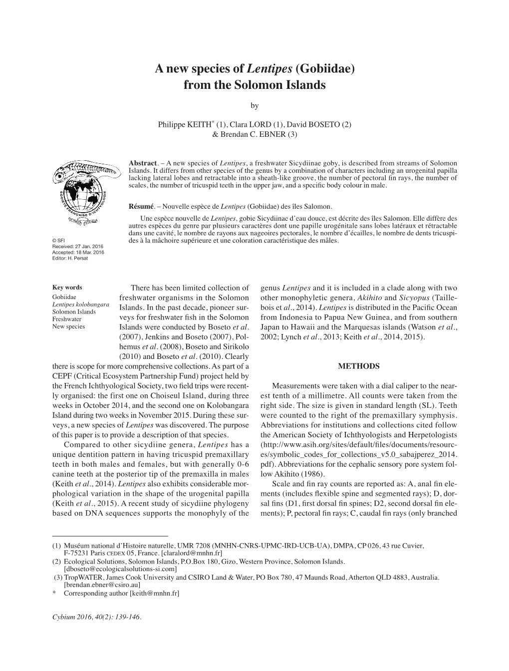 A New Species of Lentipes (Gobiidae) from the Solomon Islands