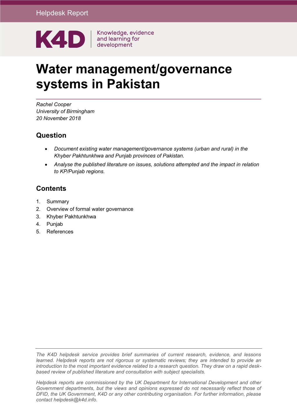 Water Management/Governance Systems in Pakistan