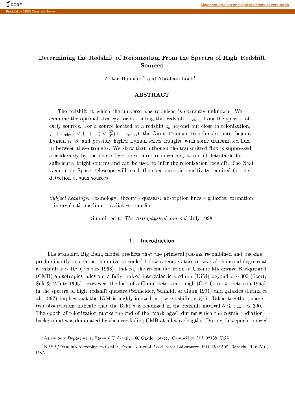 Determining the Redshift of Reionization from the Spectra Of