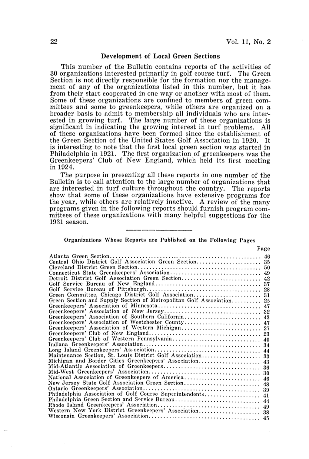 Vol. 11, No.2 Development of Local Green Sections This Number of the Bulletin Contains Reports of the Activities of 30 Organizat