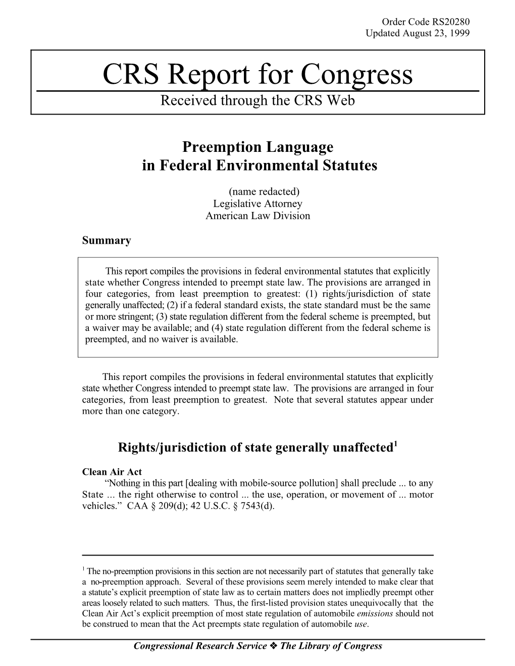 Preemption Language in Federal Environmental Statutes
