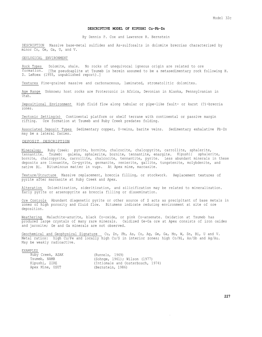 DESCRIPTIVE MODEL of KIPUSHI Cu-Pb-Zn