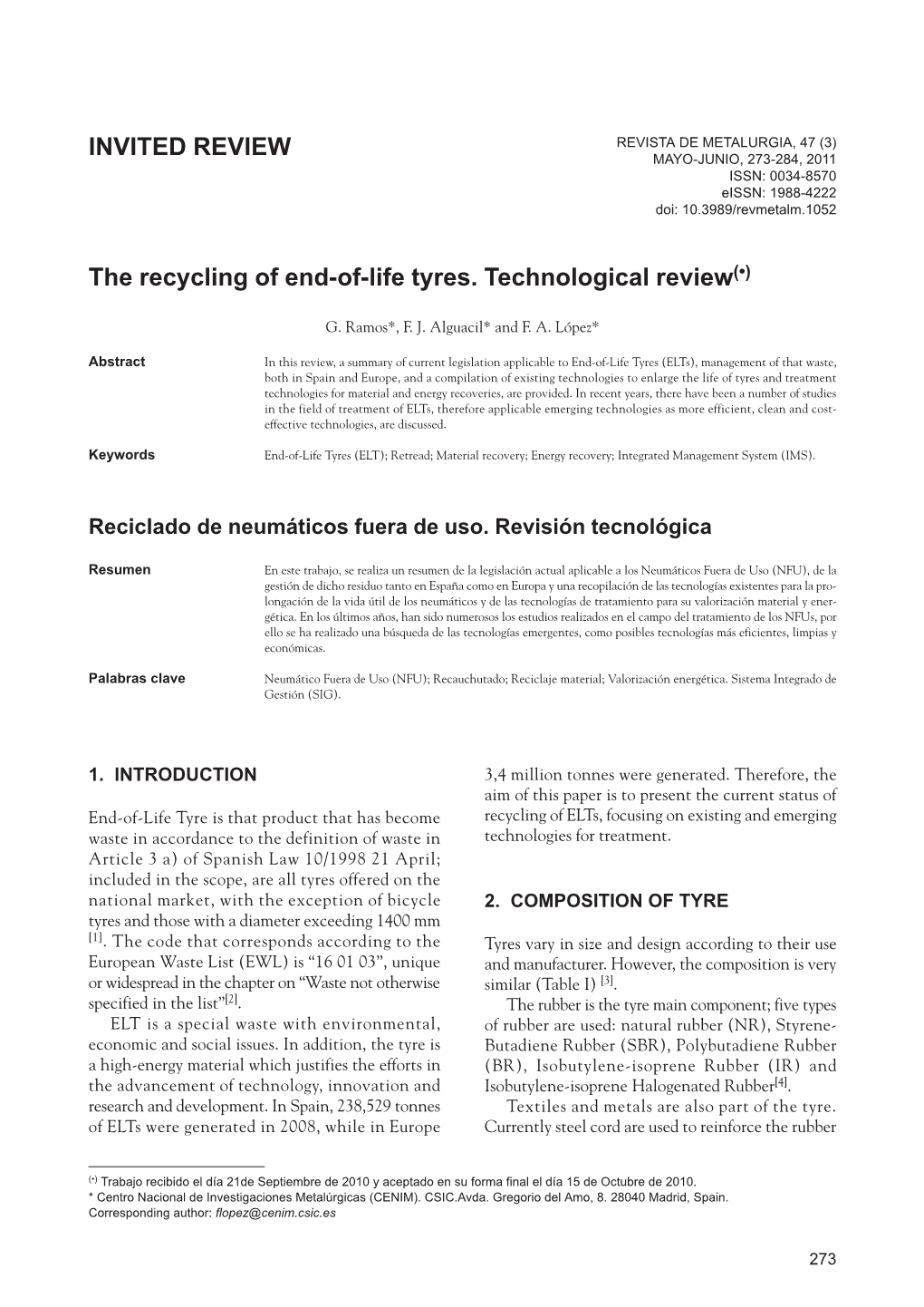 The Recycling of End-Of-Life Tyres. Technological Review(•)