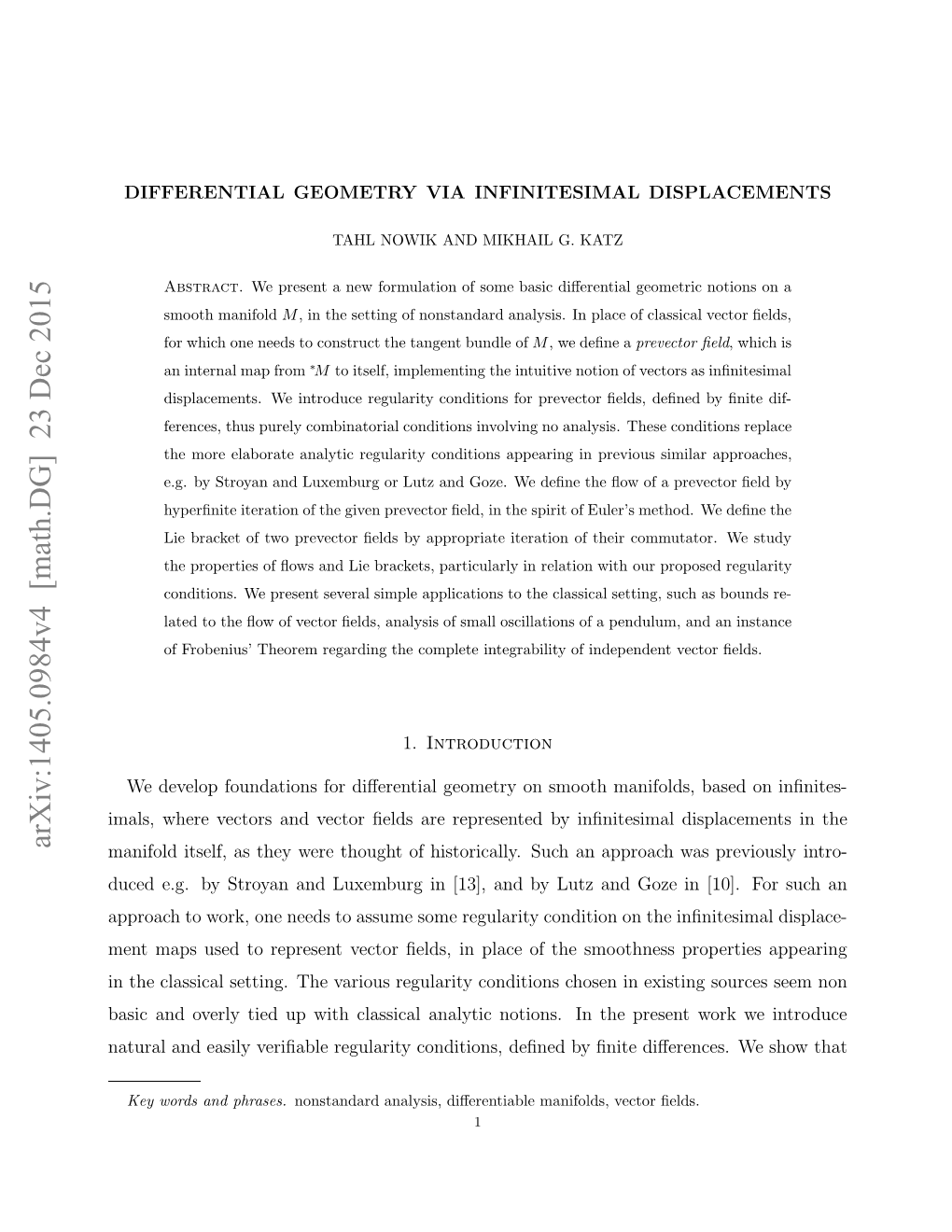 Arxiv:1405.0984V4 [Math.DG] 23 Dec 2015 Ai N Vryte Pwt Lsia Nltcntos Ntepresen D the ﬁnite in by Deﬁned Notions