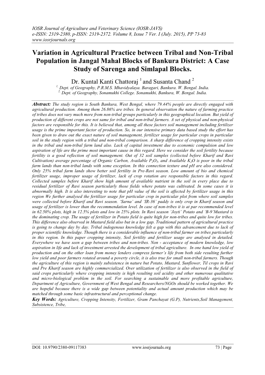 Variation in Agricultural Practice Between Tribal and Non-Tribal Population in Jangal Mahal Blocks of Bankura District: a Case Study of Sarenga and Simlapal Blocks
