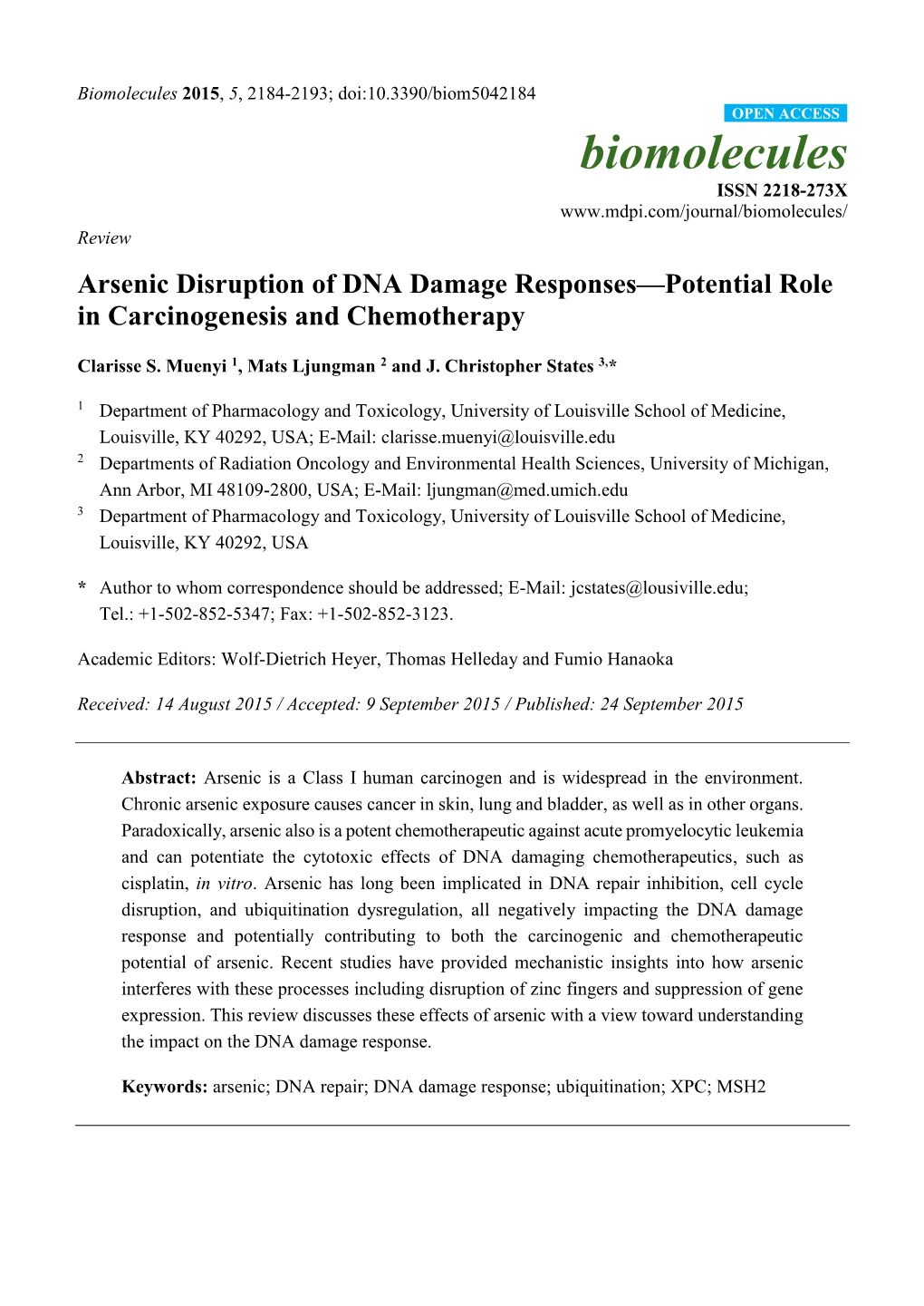 Arsenic Disruption of DNA Damage Responses—Potential Role in Carcinogenesis and Chemotherapy