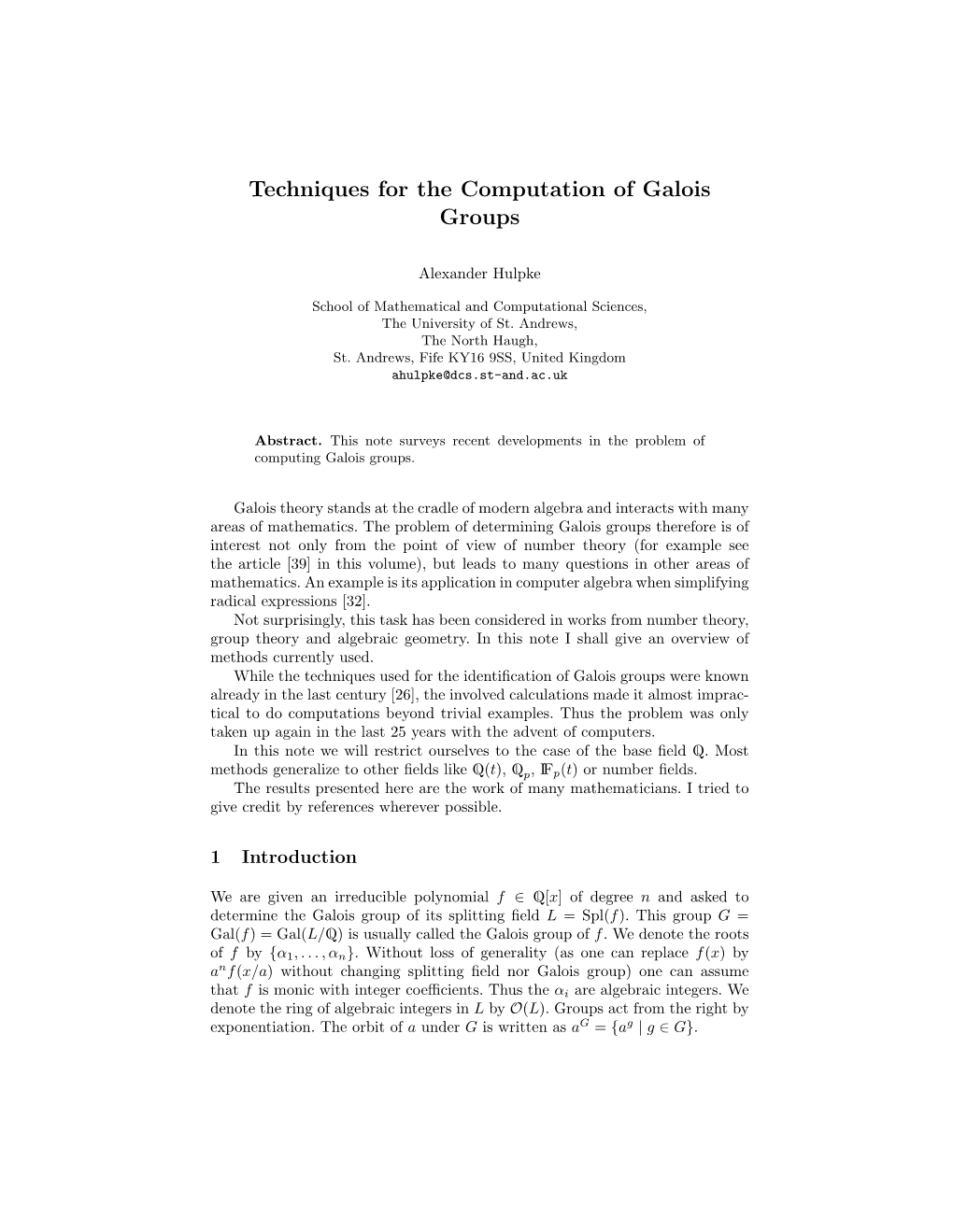 Techniques for the Computation of Galois Groups