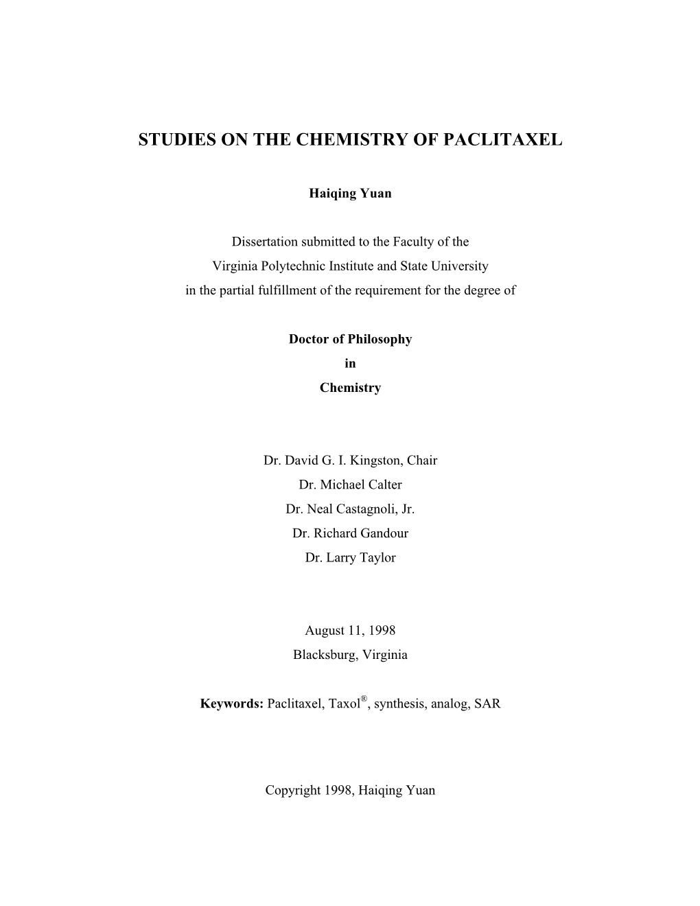 Studies on the Chemistry of Paclitaxel