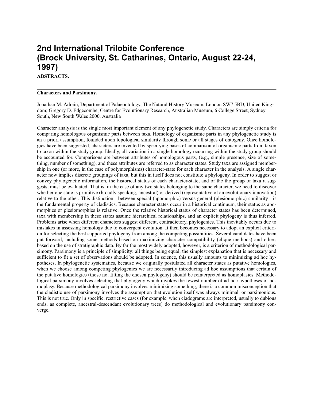 2Nd International Trilobite Conference (Brock University, St. Catharines, Ontario, August 22-24, 1997) ABSTRACTS