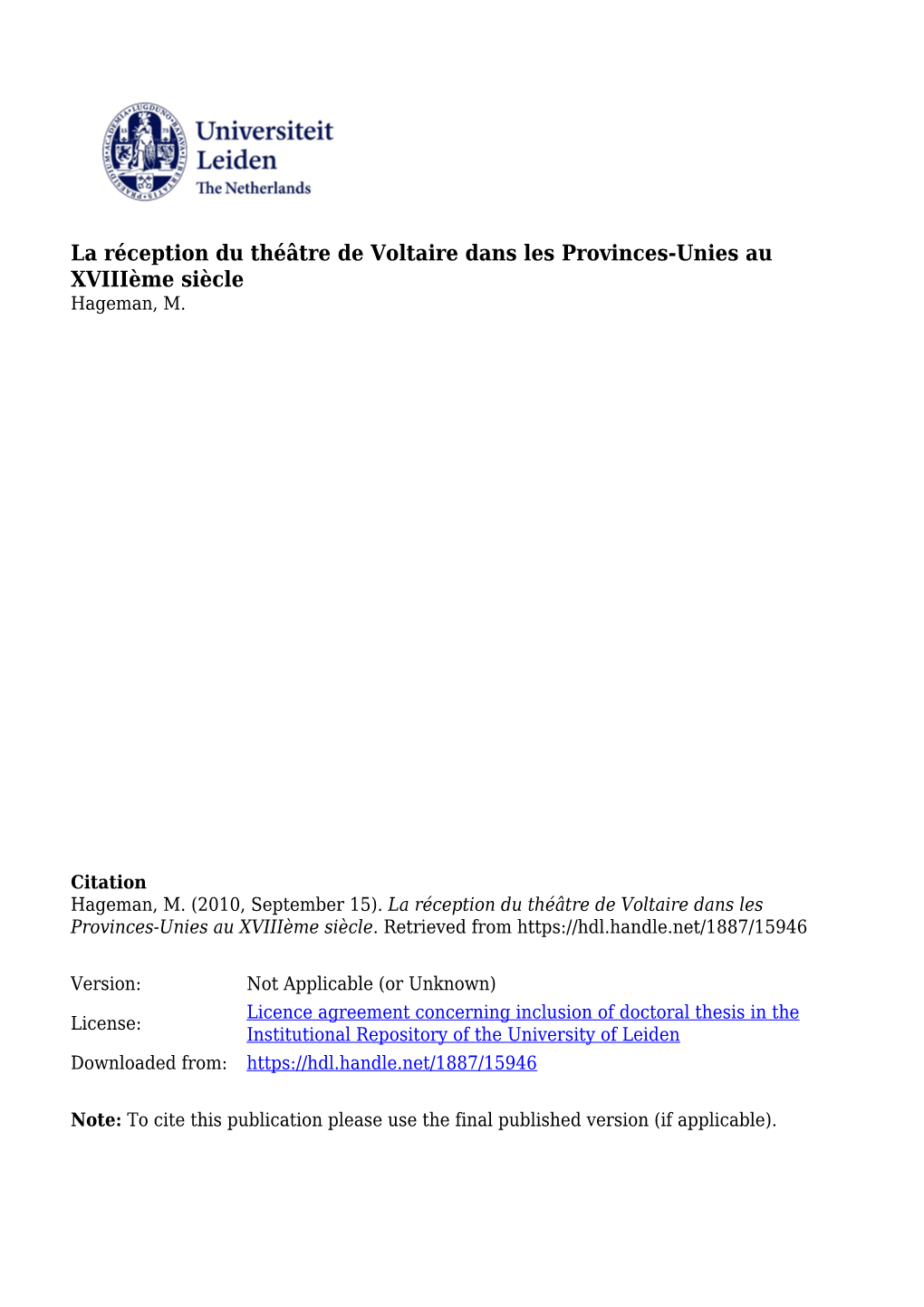 La Réception Du Théâtre De Voltaire Dans Les Provinces-Unies Au Xviiième Siècle Hageman, M