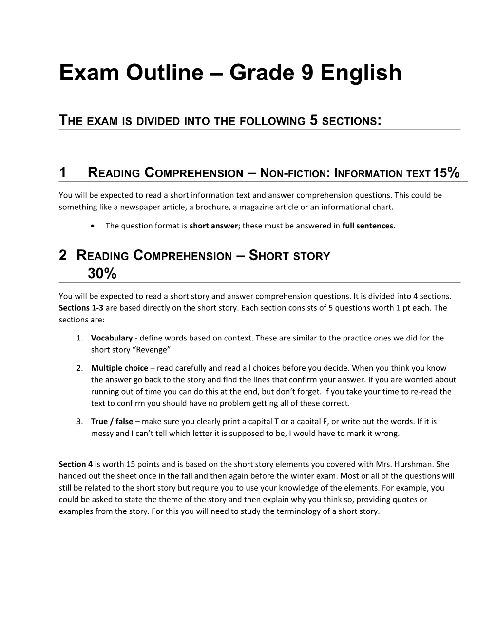 Exam Outline Grade 9