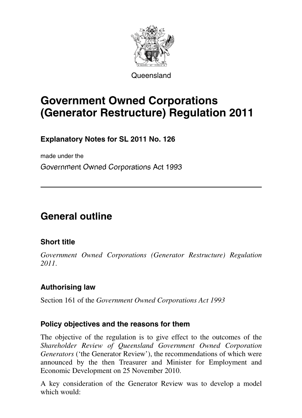 Government Owned Corporations (Generator Restructure) Regulation 2011