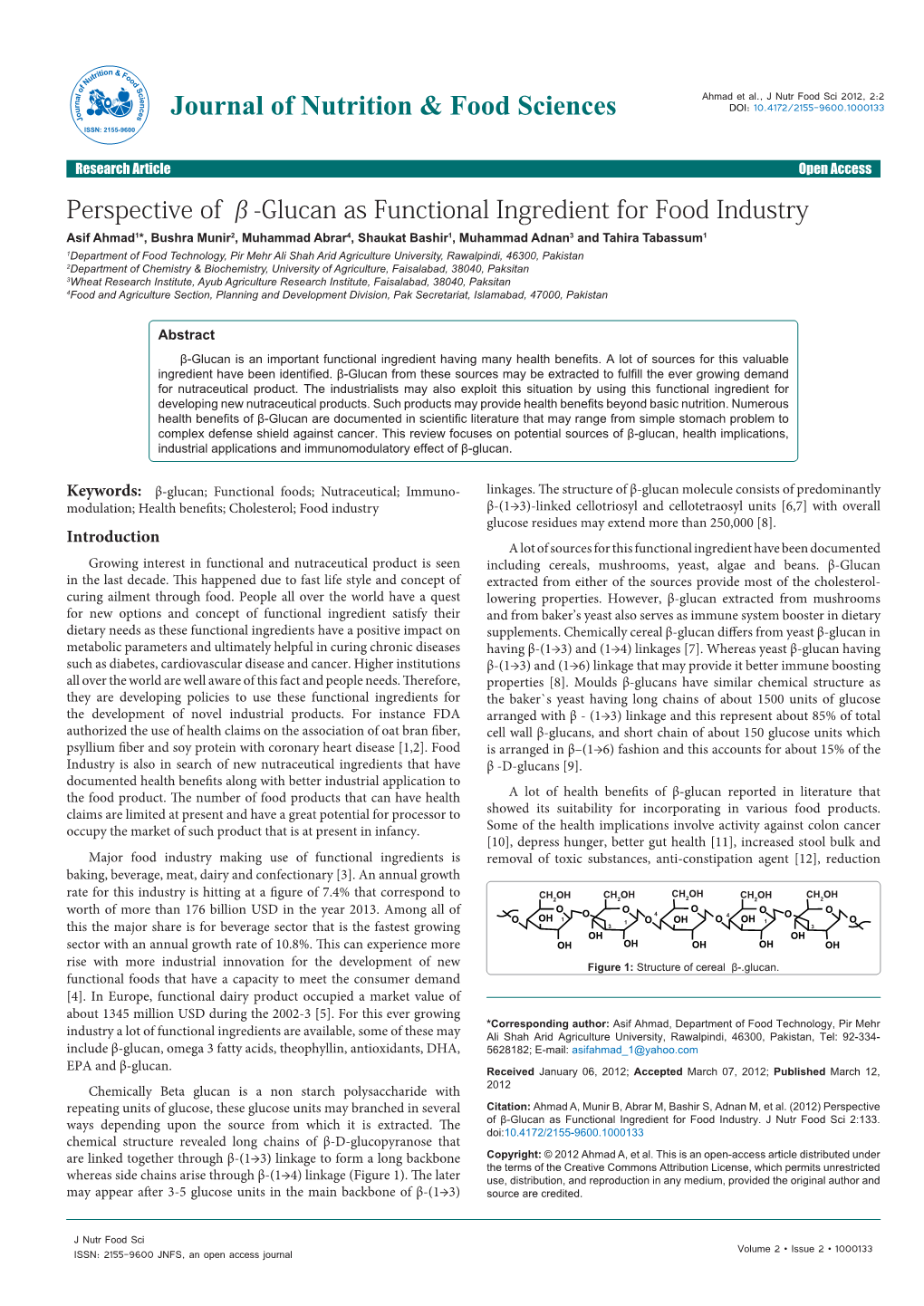 Perspective of Β-Glucan As Functional Ingredient for Food Industry