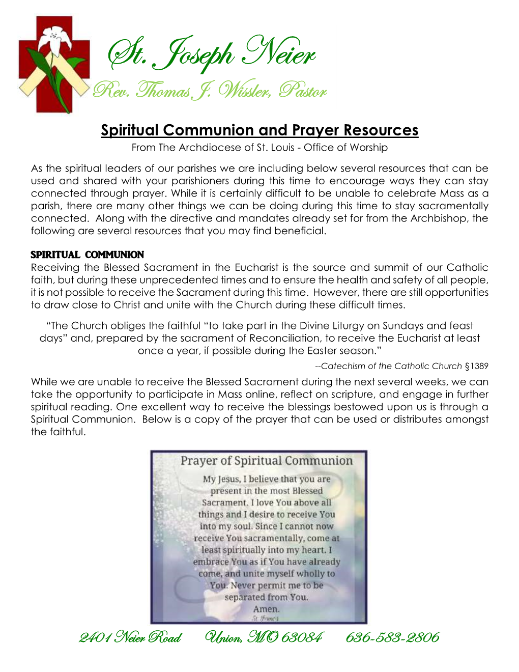 Spiritual Communion and Prayer Resources