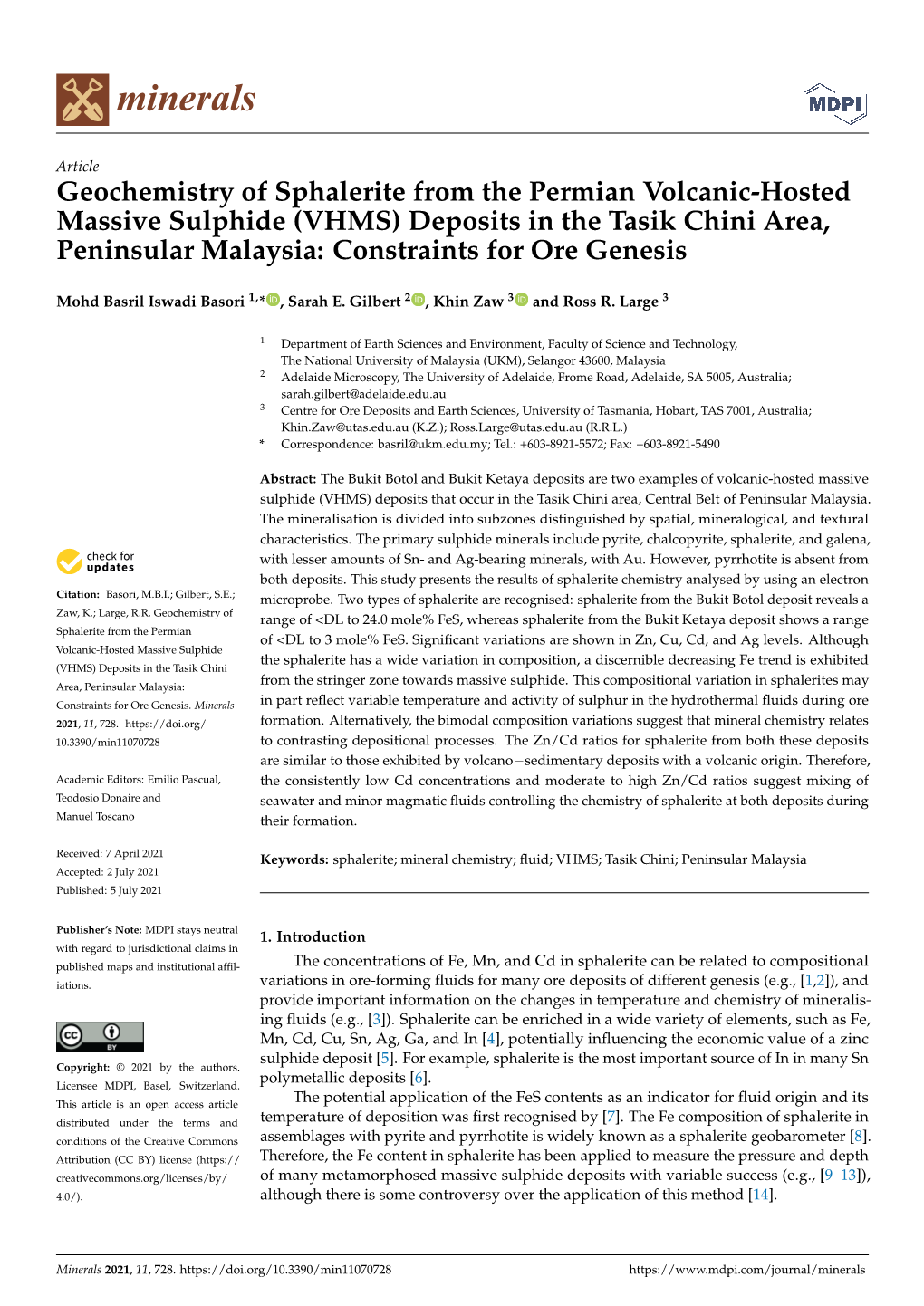 (VHMS) Deposits in the Tasik Chini Area, Peninsular Malaysia: Constraints for Ore Genesis